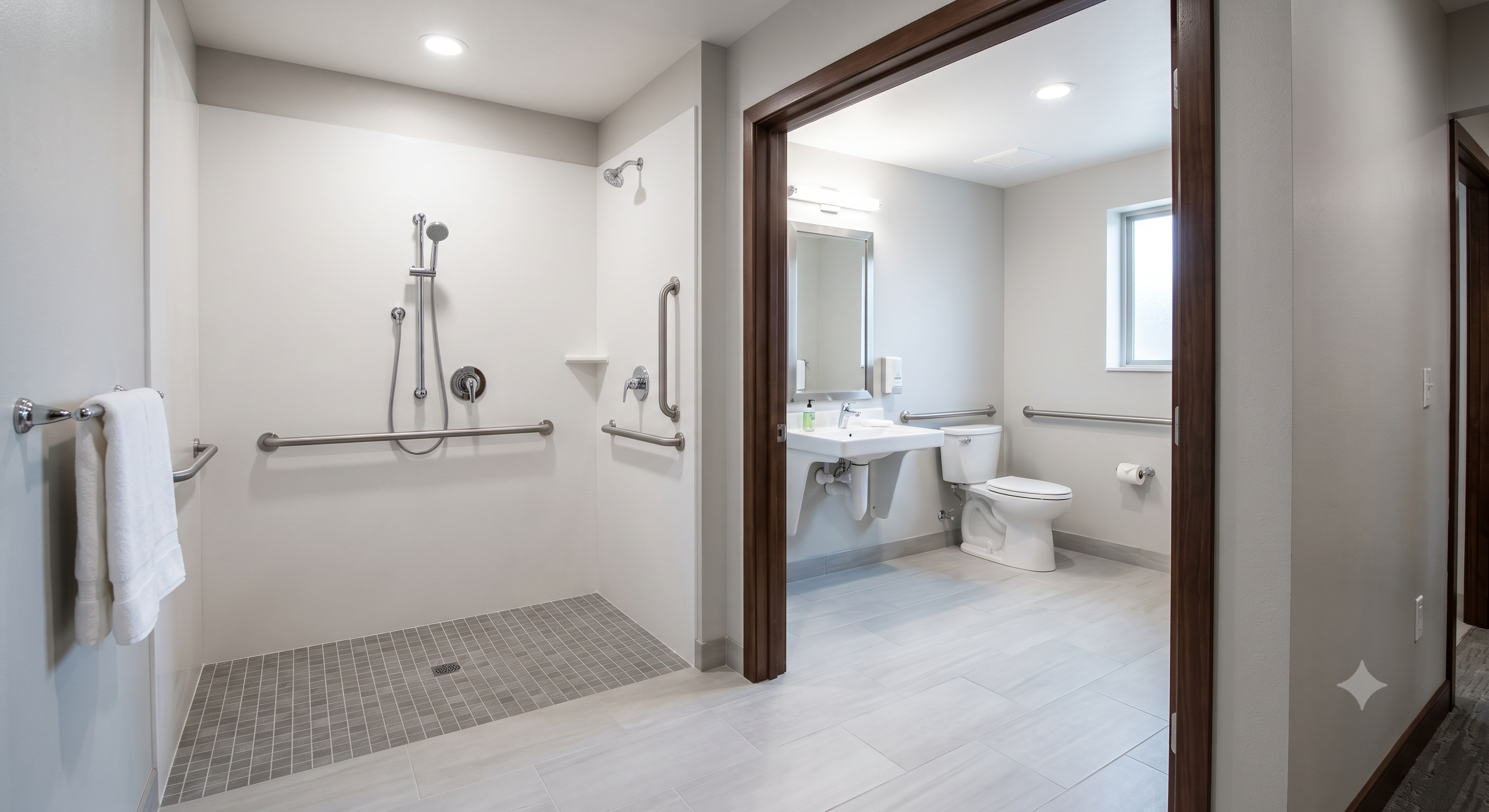 Accessible hotel room with a roll-in shower and grab bars, wide doorway visible