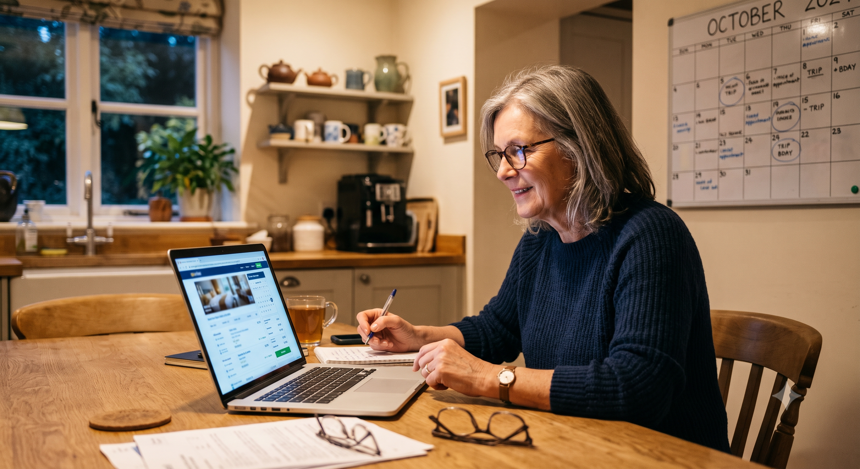 Person comparing hotel booking dates and prices on a laptop with a calendar visible
