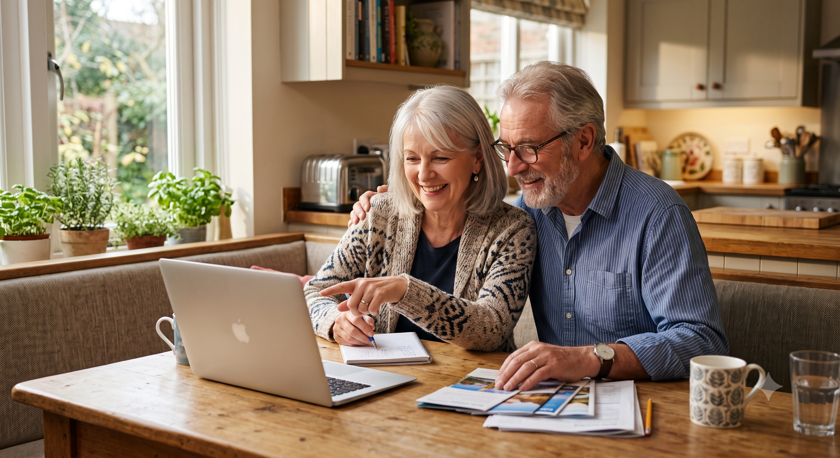 Retired couple reviewing a travel budget and hotel booking on a laptop at home