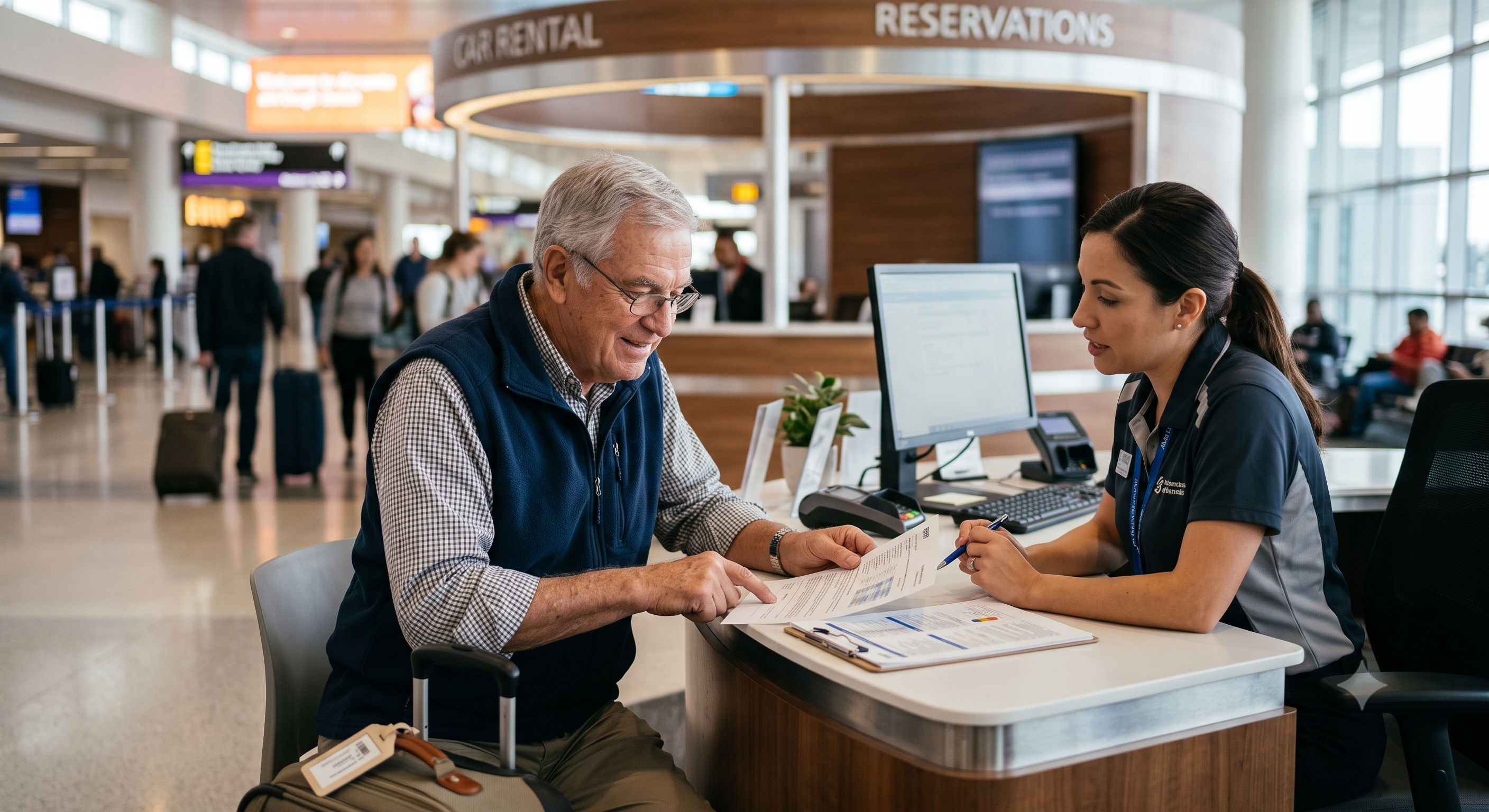 Senior traveler reviewing rental car age policy documents at a rental counter