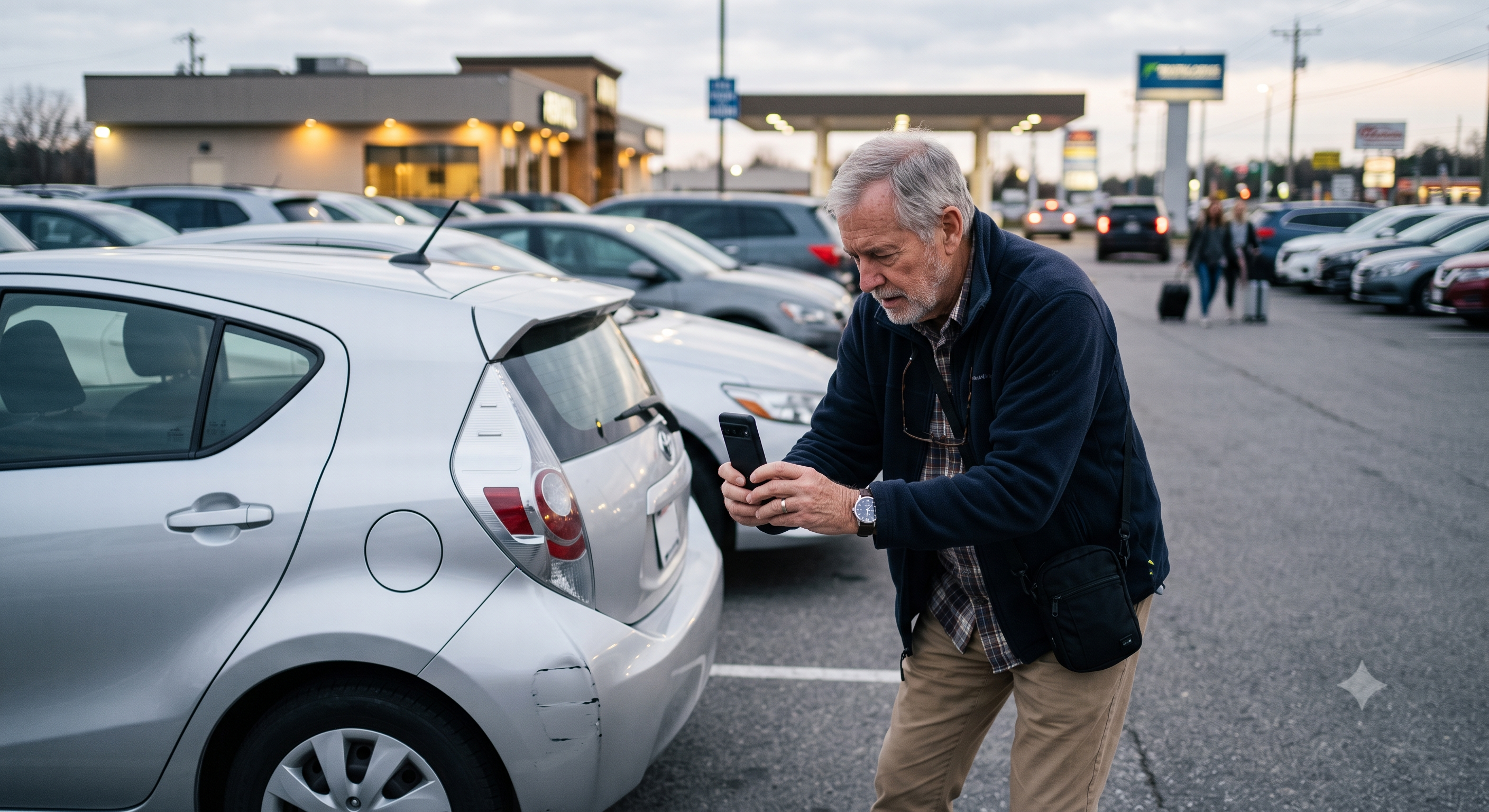 Senior traveler photographing a rental car