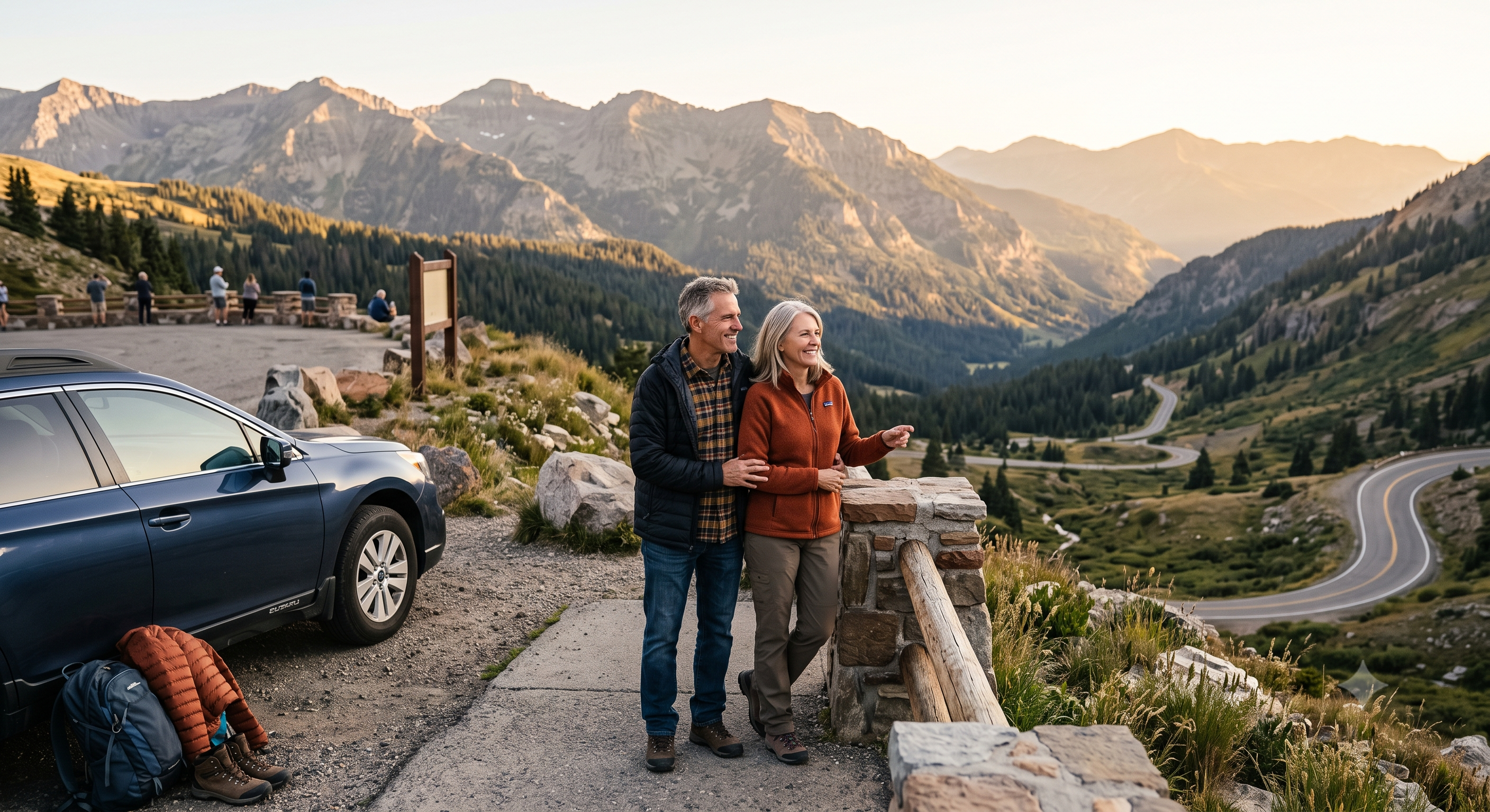 Couple over 50 stopped at a scenic overlook during a road trip, enjoying the view together