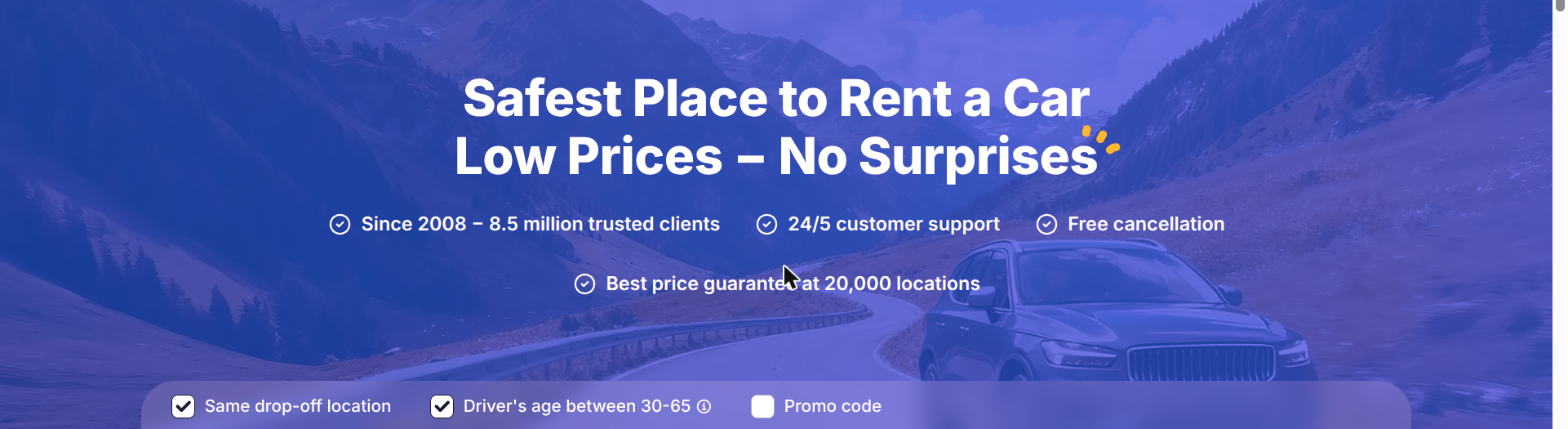 EconomyBookings.com car rental search interface screenshot