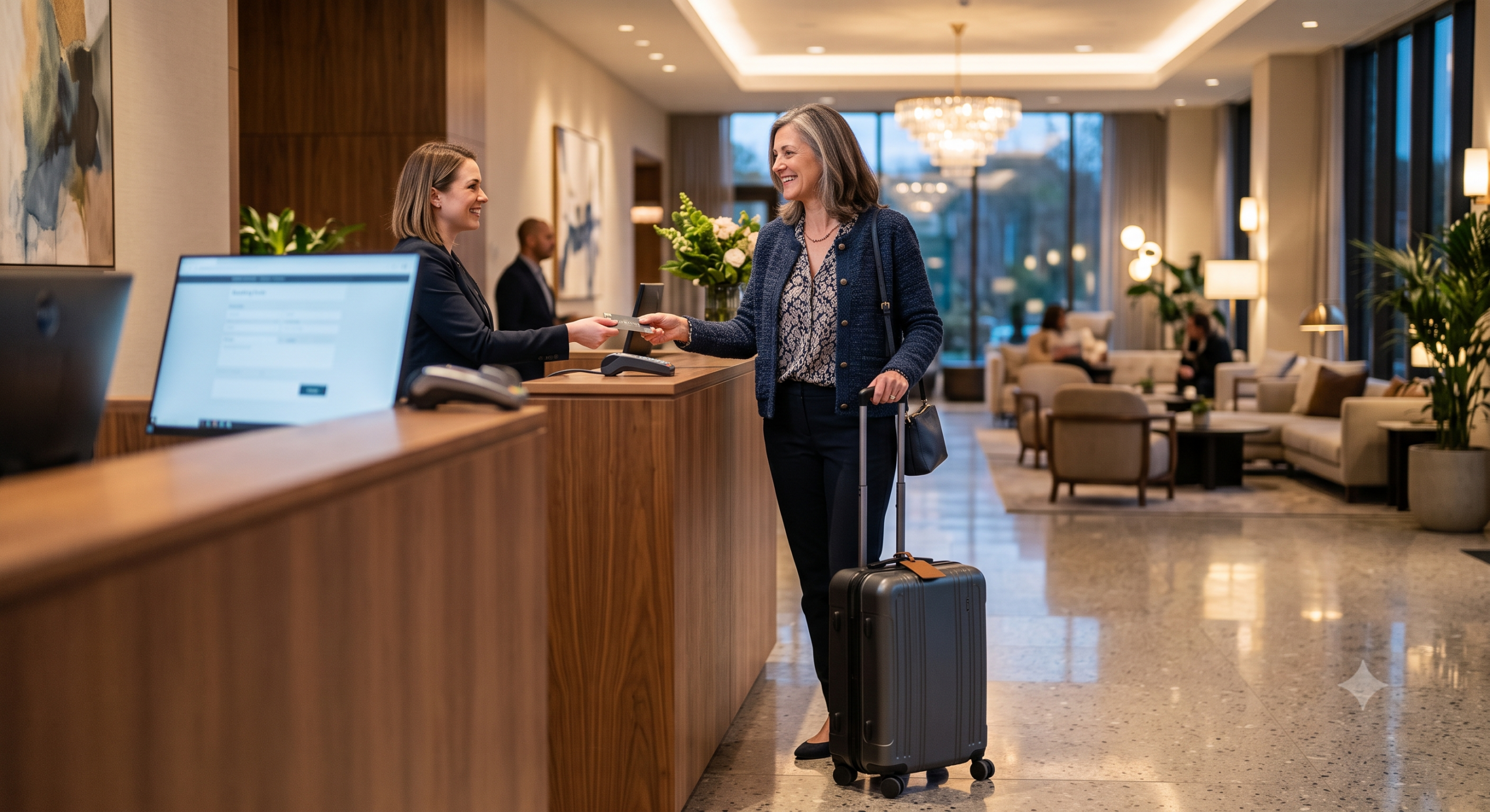 Woman over 50 checking into a hotel alone, smiling and relaxed with a suitcase