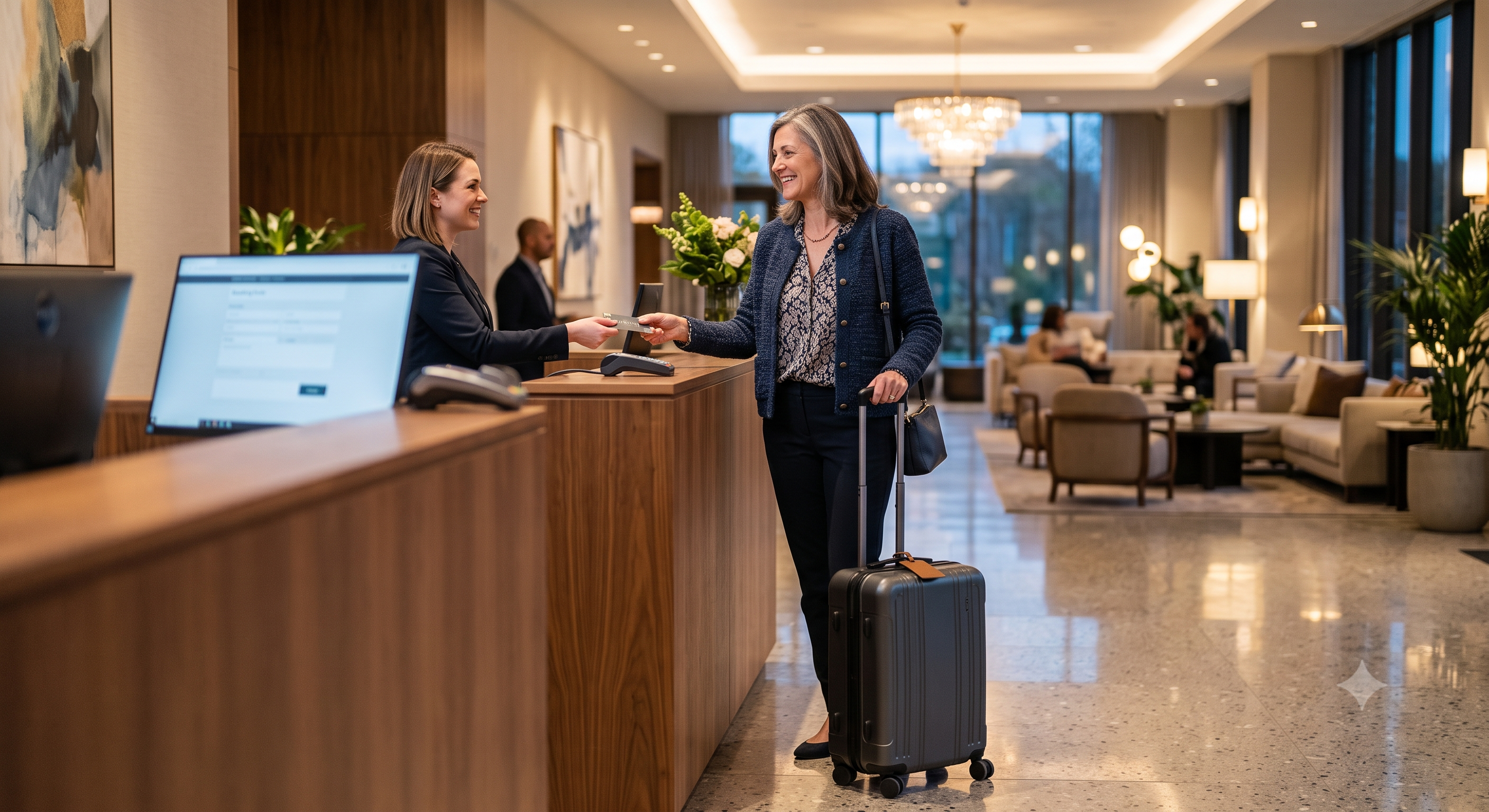 Woman checking into a hotel alone