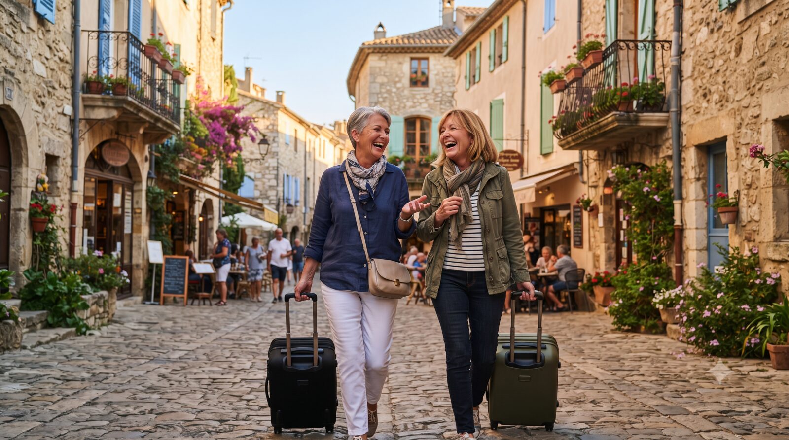Two women in their late 50s laughing together while walking through a European old-town street with rolling suitcases