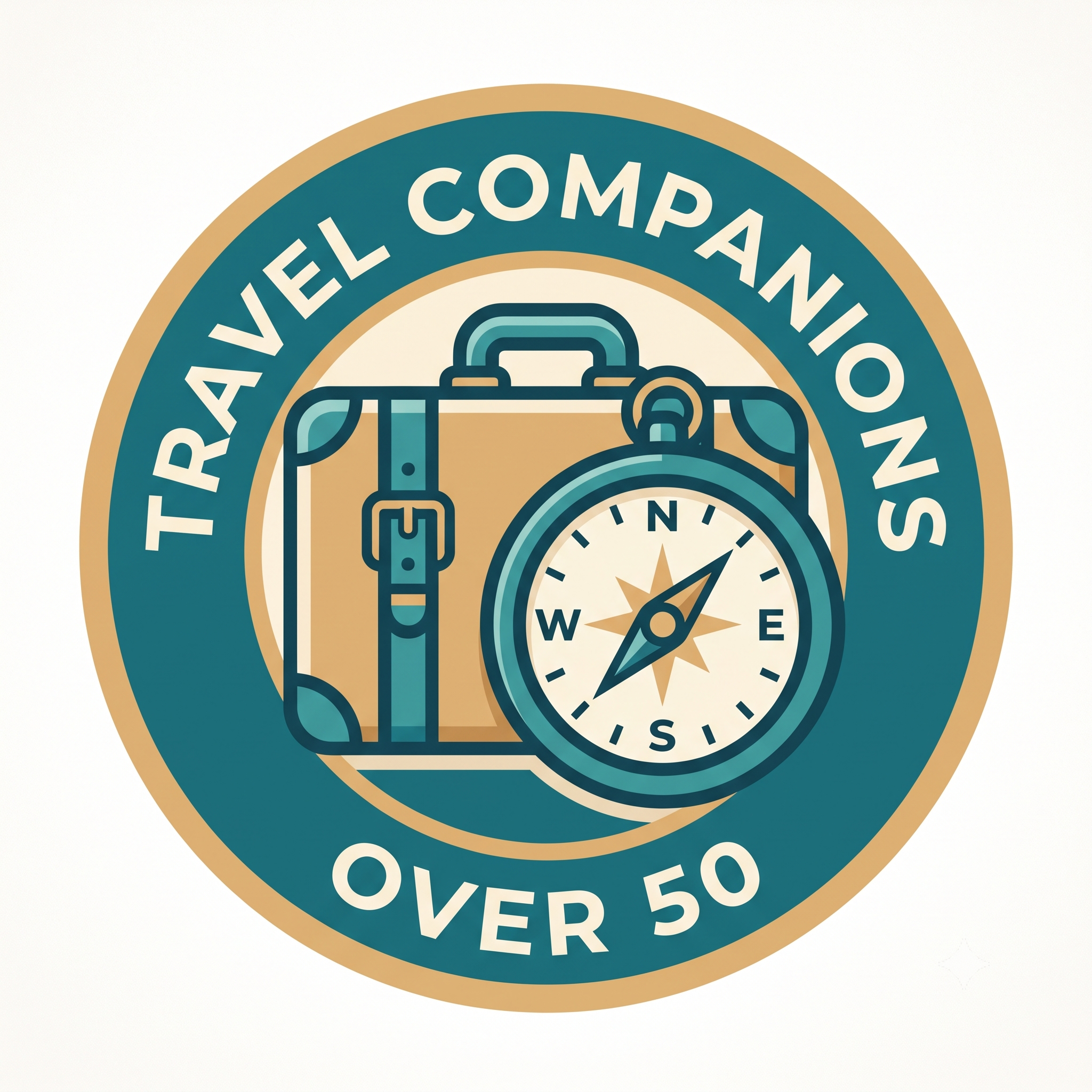 Travel Companions Over 50 logo, teal and sand circular badge with suitcase and compass icon