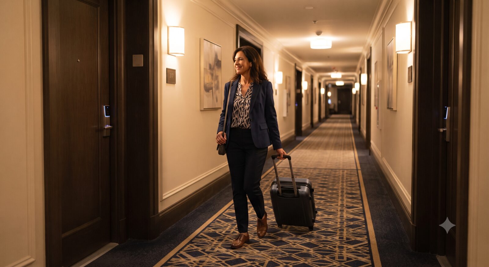 A well-lit hotel corridor with keycard door locks visible and a woman walking confidently toward her room