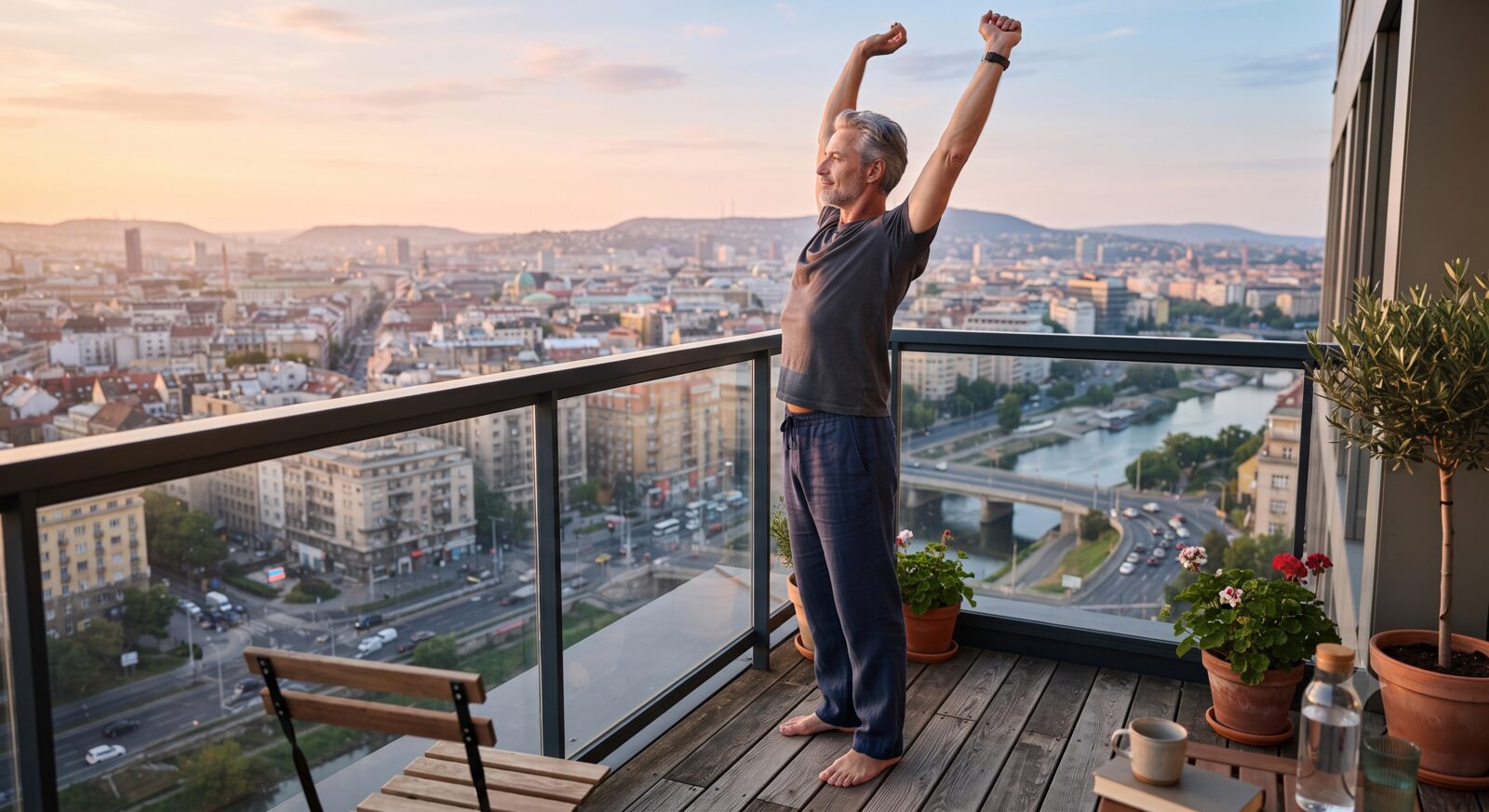 A man standing on a hotel balcony in early morning sunlight, stretching and looking out at a city view