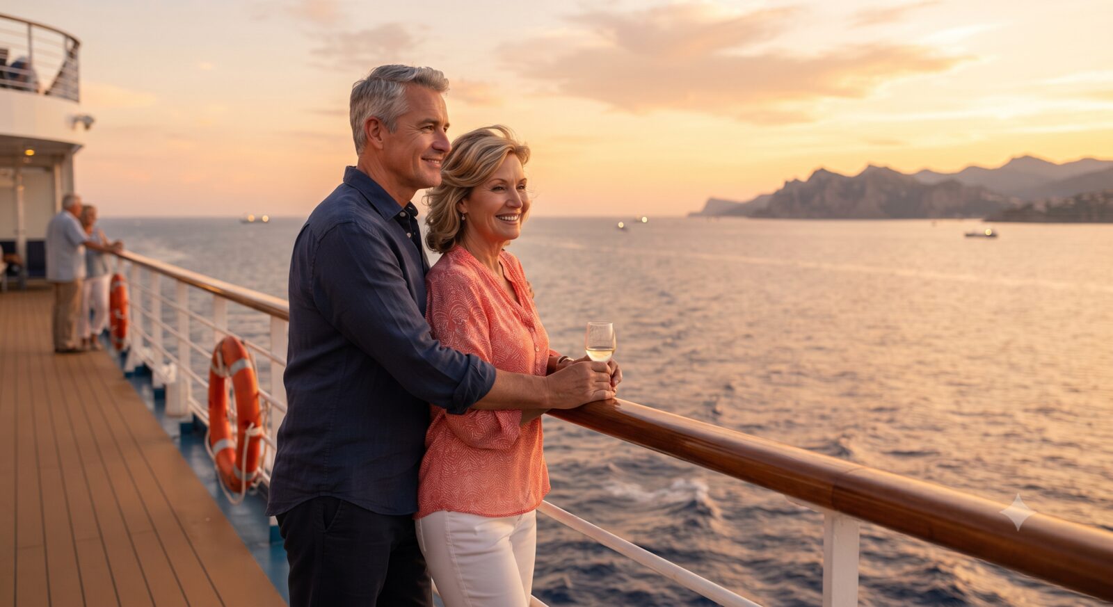 A couple standing at a cruise ship railing looking out at the ocean and coastline at golden hour