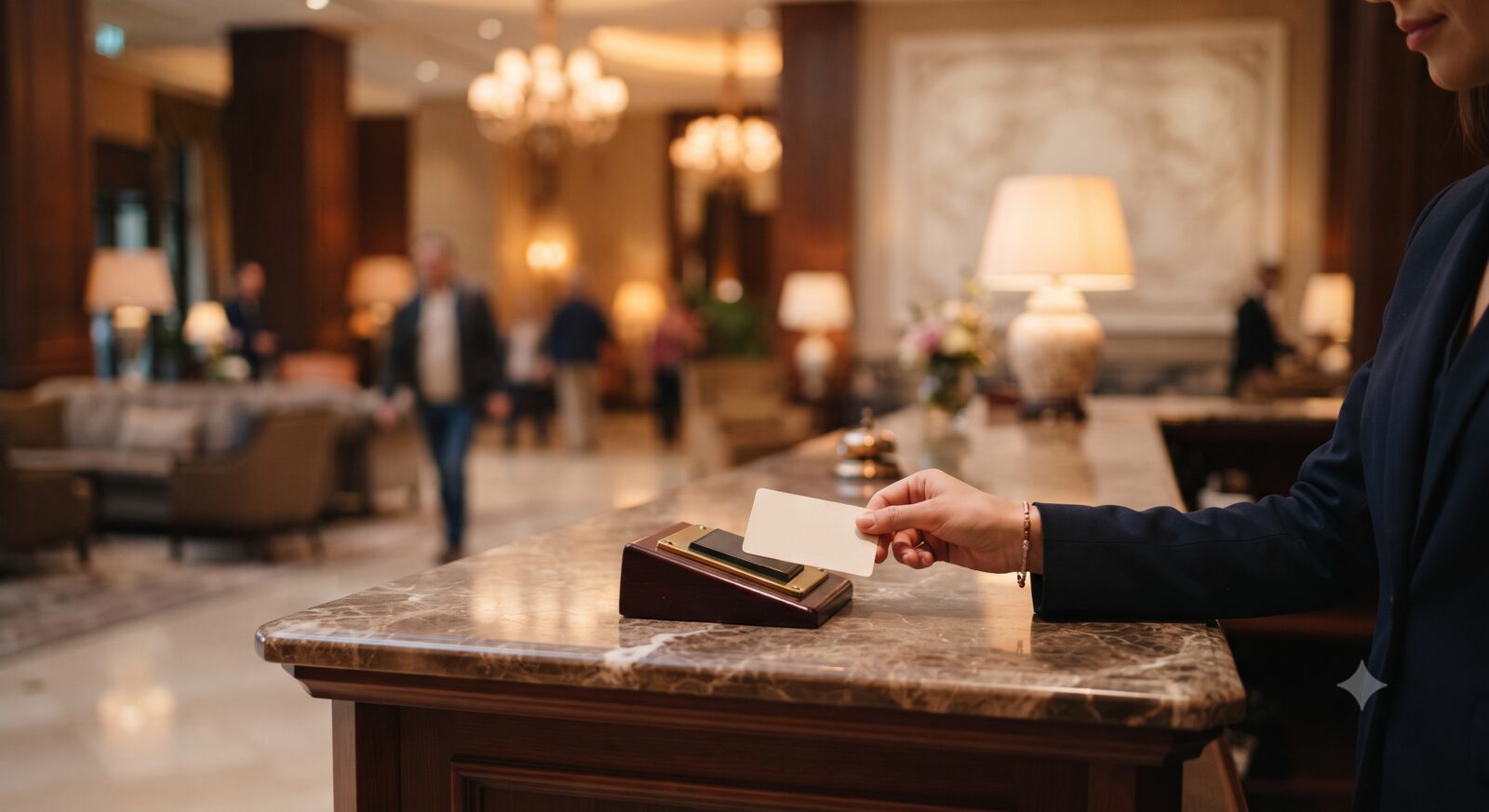 A hand placing a hotel keycard on a reception desk with an elegant hotel lobby blurred in the background
