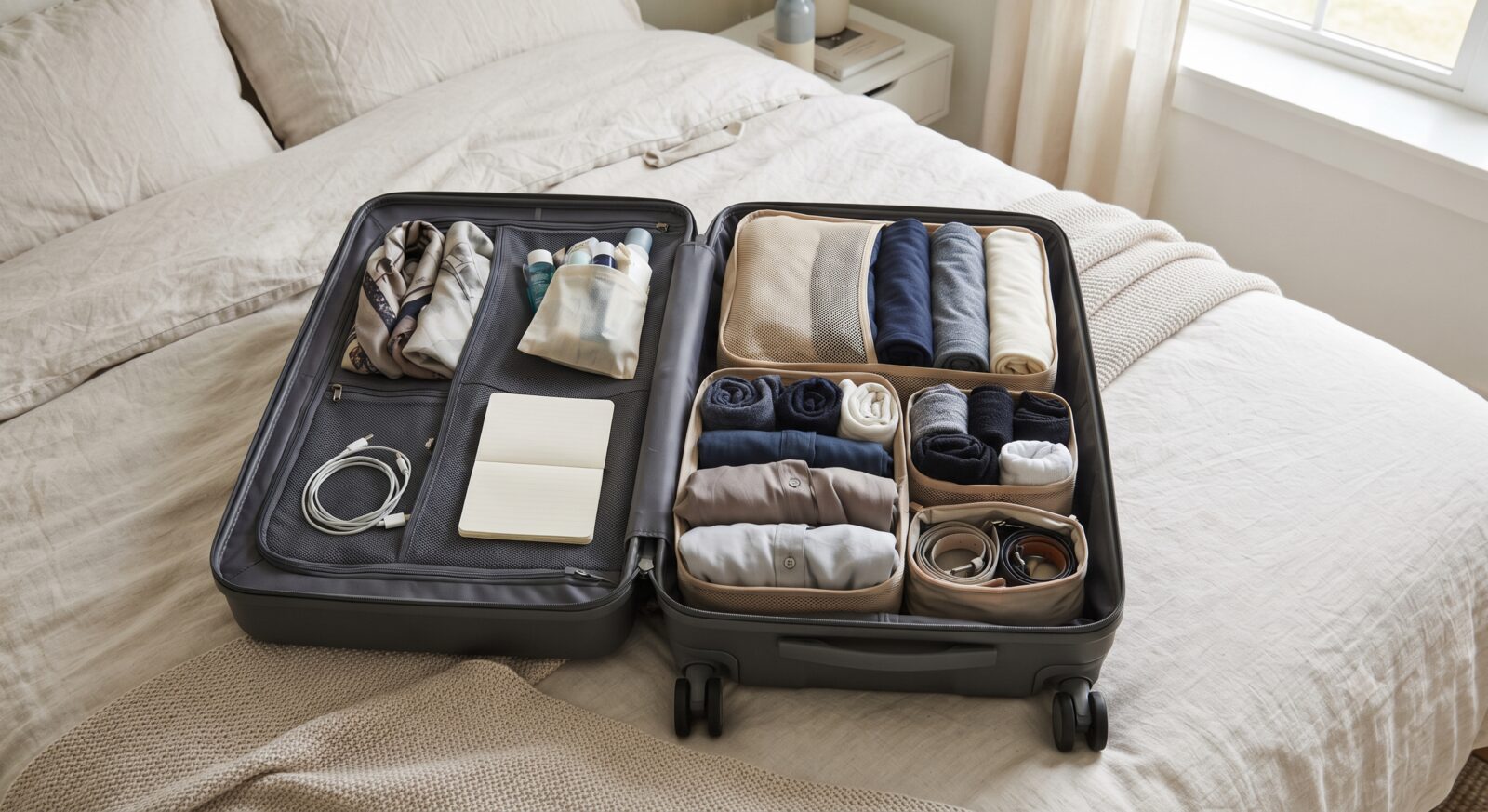 An open carry-on suitcase neatly packed with color-coordinated clothing organized in packing cubes